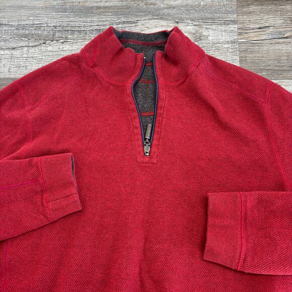 Tommy Bahama Reversible Heather Gray Red Men M Fish Logo‎ 1/4 Zip Mock Pullover - Picture 1 of 9